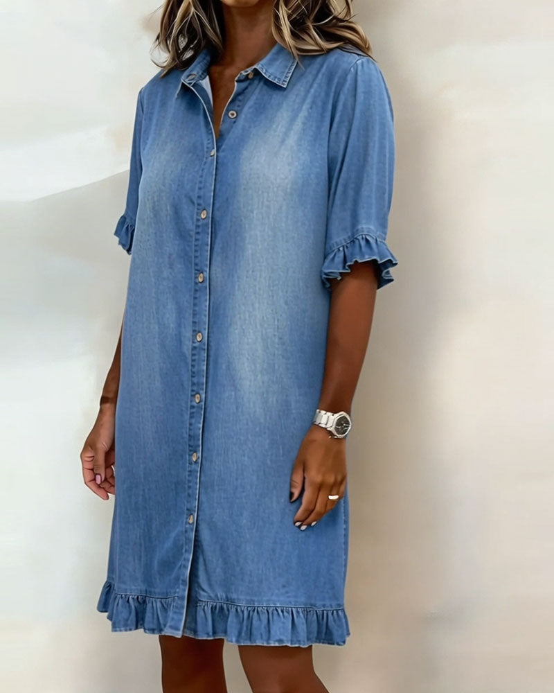 Relaxed Fit Denim Dress Knee Length Ruffled Sleeves