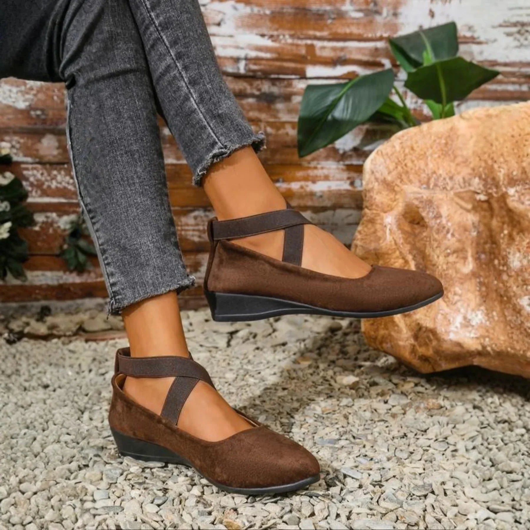 Black Suede Women Flats Low Wedge Heel Elegant Design