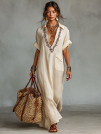 Lightweight Linen Blend Maxi Dress Embroidered Detail