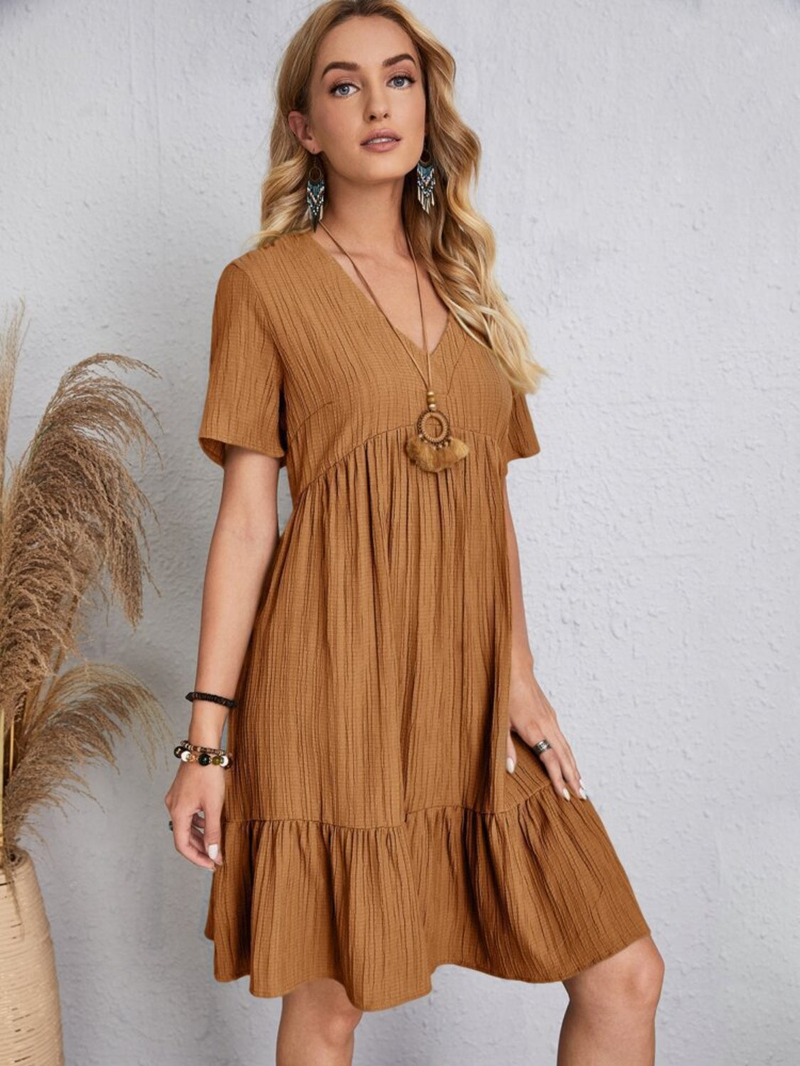 Lightweight V Neck Short Sleeve A Line Dress