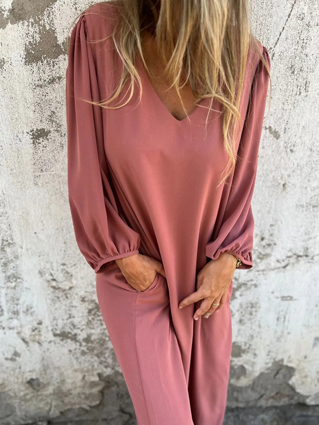 Loose Fit V Neck Balloon Sleeve Ankle Dress