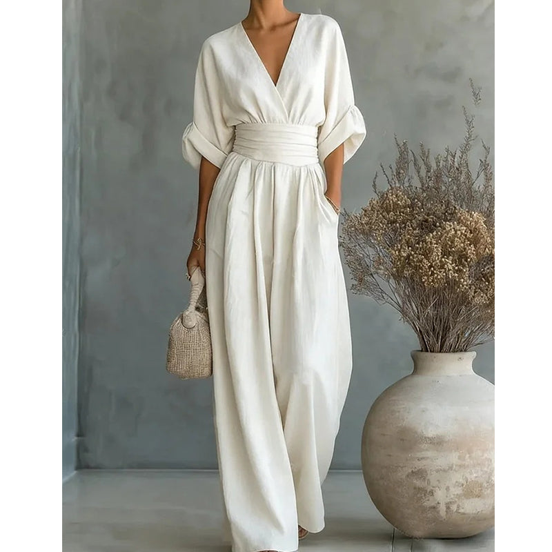 Slimelle | V Neck Wide Leg Jumpsuit