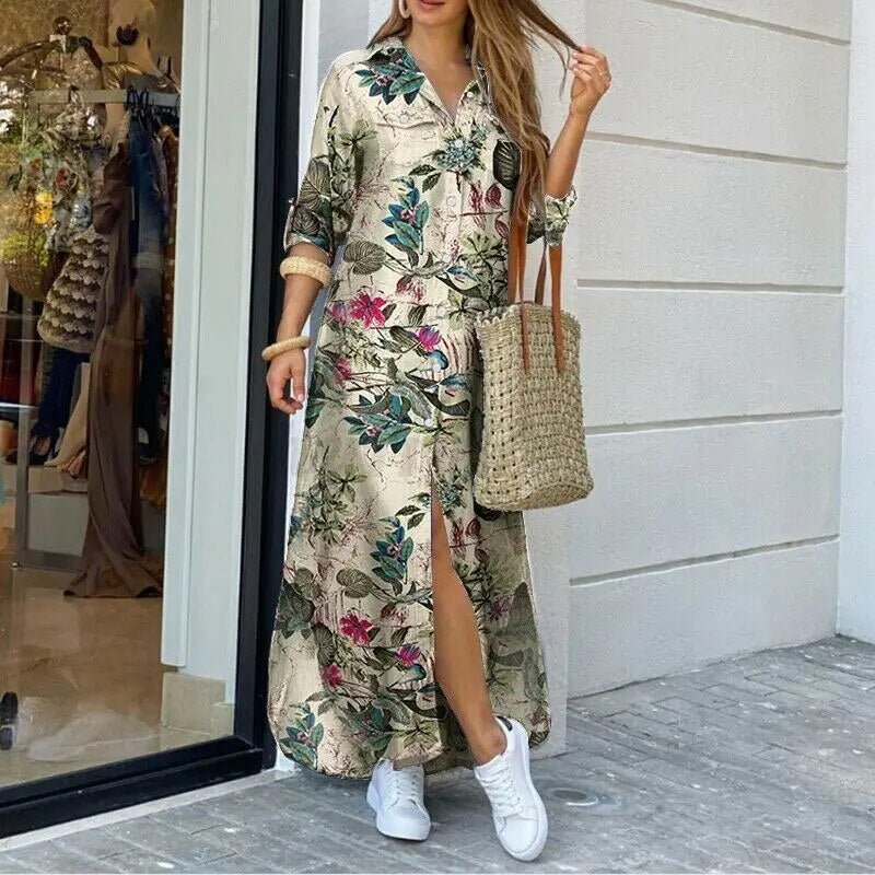 Printed Long Sleeve Dress Relaxed Fit Elegant Style