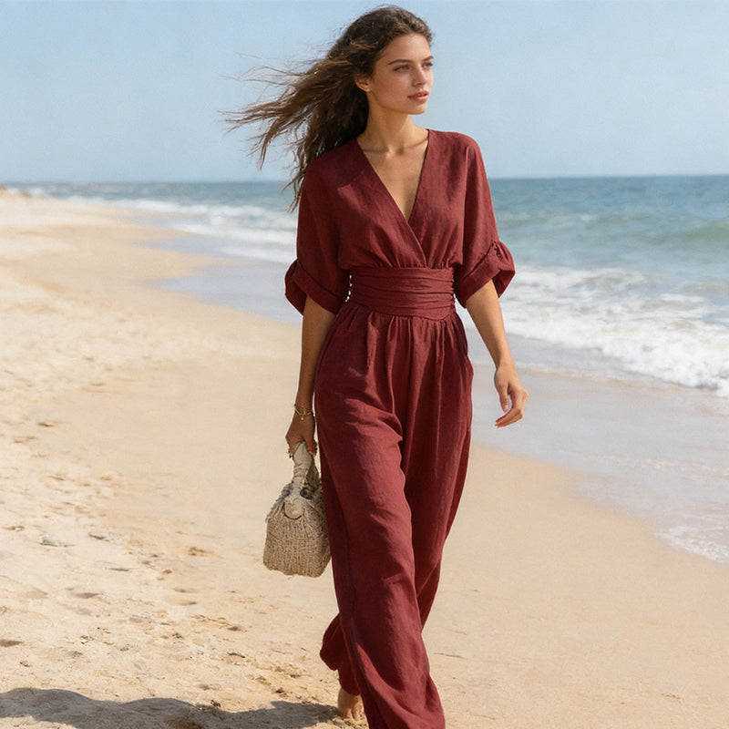 Slimelle | V Neck Wide Leg Jumpsuit