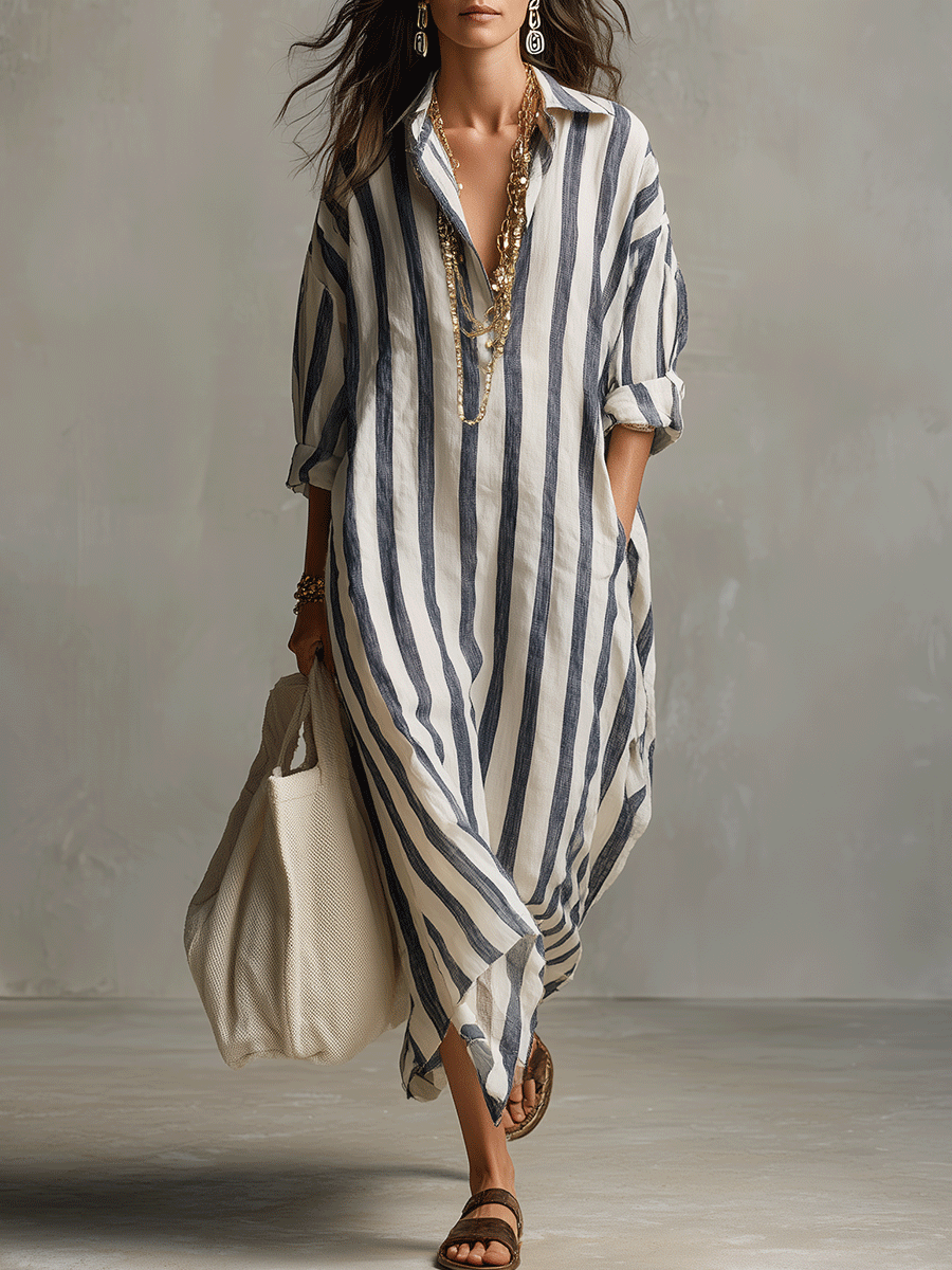 Lightweight Striped Shirt Dress Breathable Loose Fit