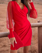 Veselique | V Neck Patchwork Dress