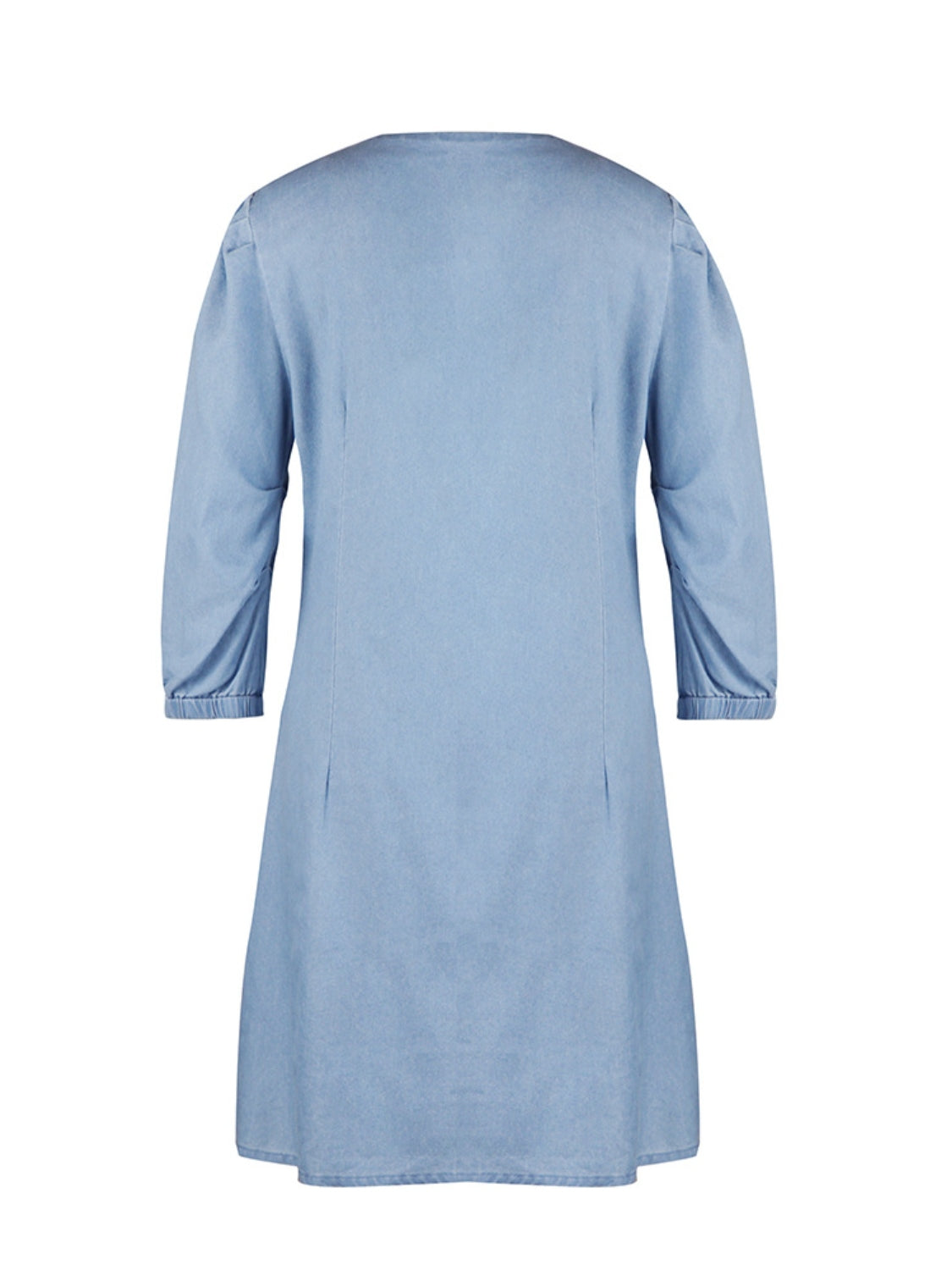 Soft Denim V Neck Dress Puff Sleeve Above Knee