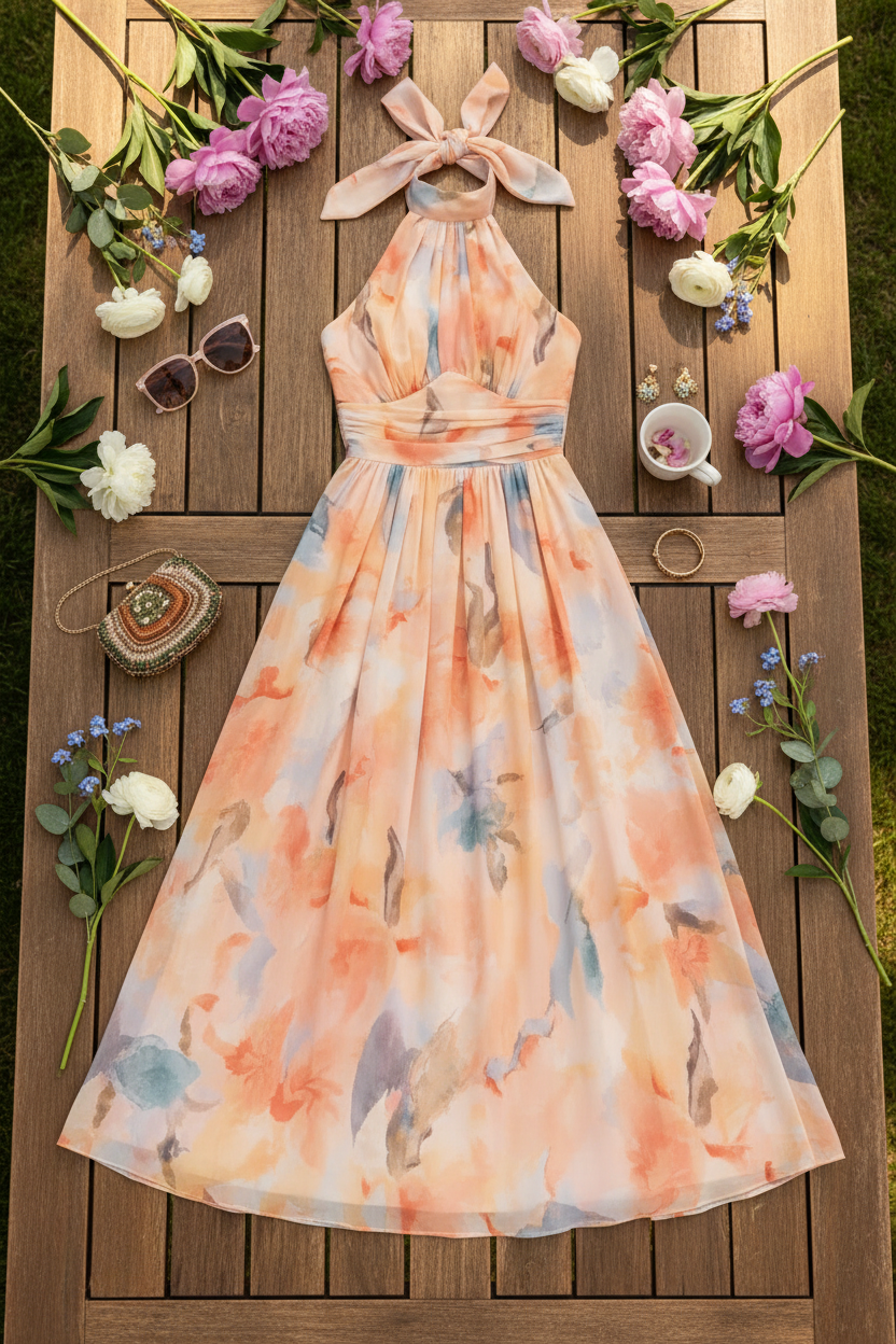 Lightweight Halter Neck Dress Floral Pattern Elegant