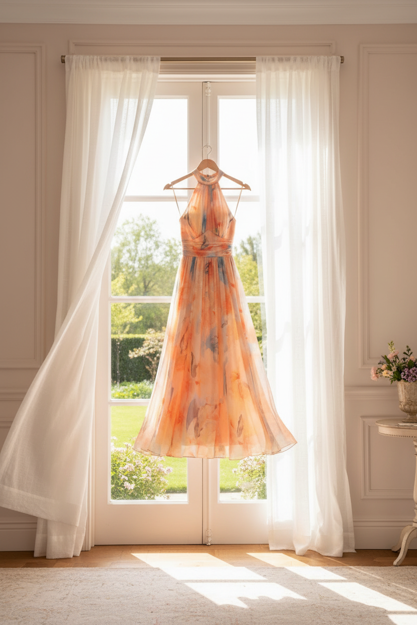 Lightweight Halter Neck Dress Floral Pattern Elegant