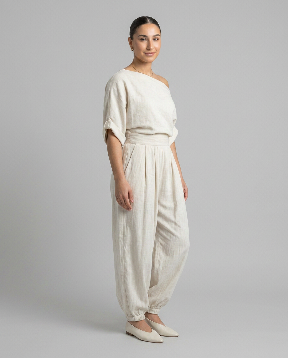 Relaxed Fit Linen Set Asymmetrical Shoulder Detail
