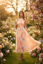 Lightweight Halter Neck Dress Floral Pattern Elegant
