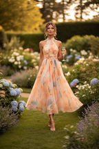 Lightweight Halter Neck Dress Floral Pattern Elegant