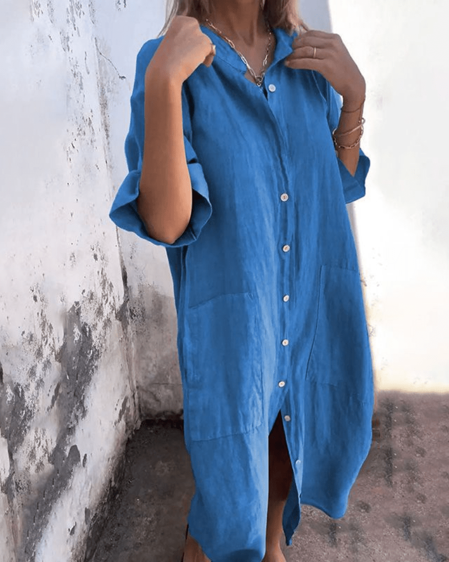 Lightweight Linen Shirt Dress Relaxed Fit Knee Length