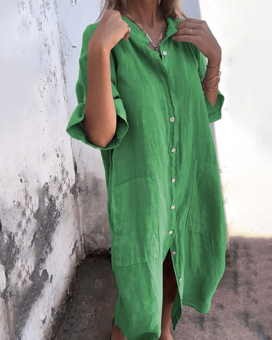 Lightweight Linen Shirt Dress Relaxed Fit Knee Length