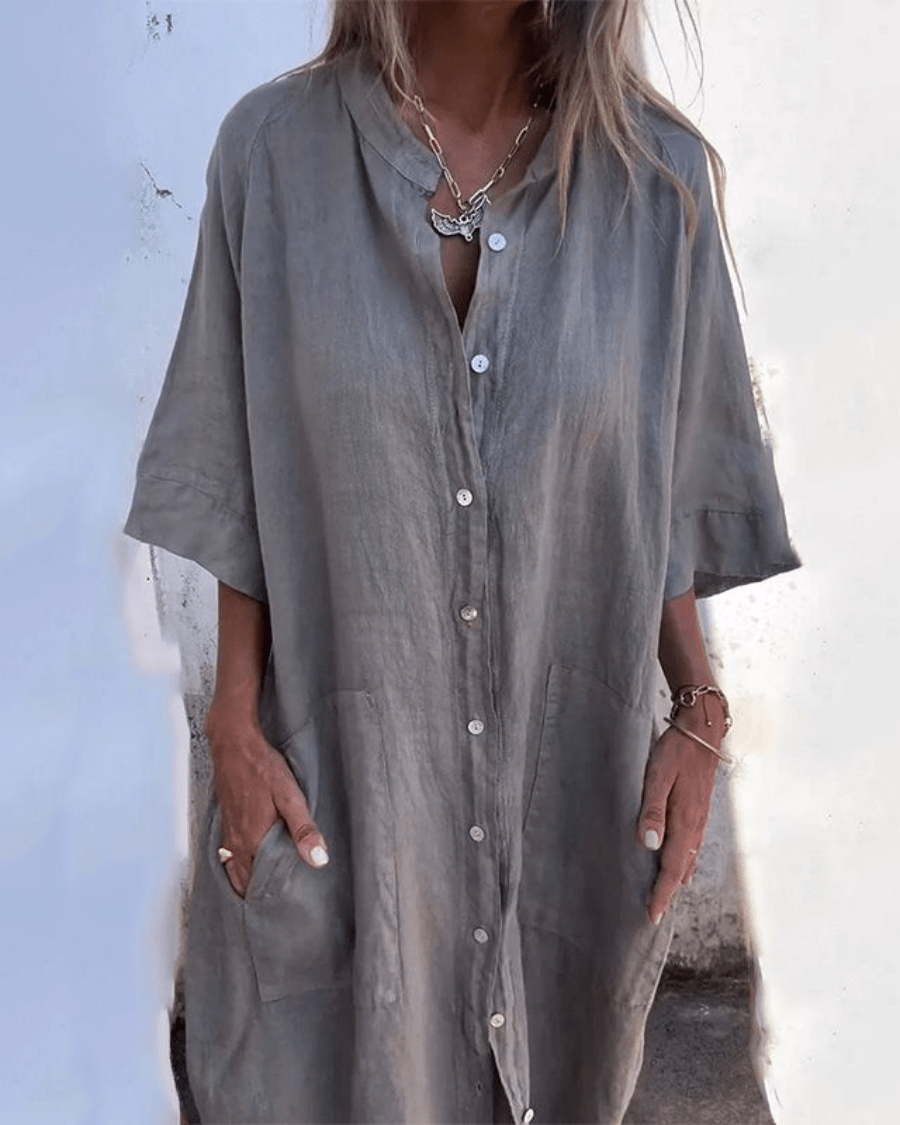 Lightweight Linen Shirt Dress Relaxed Fit Knee Length