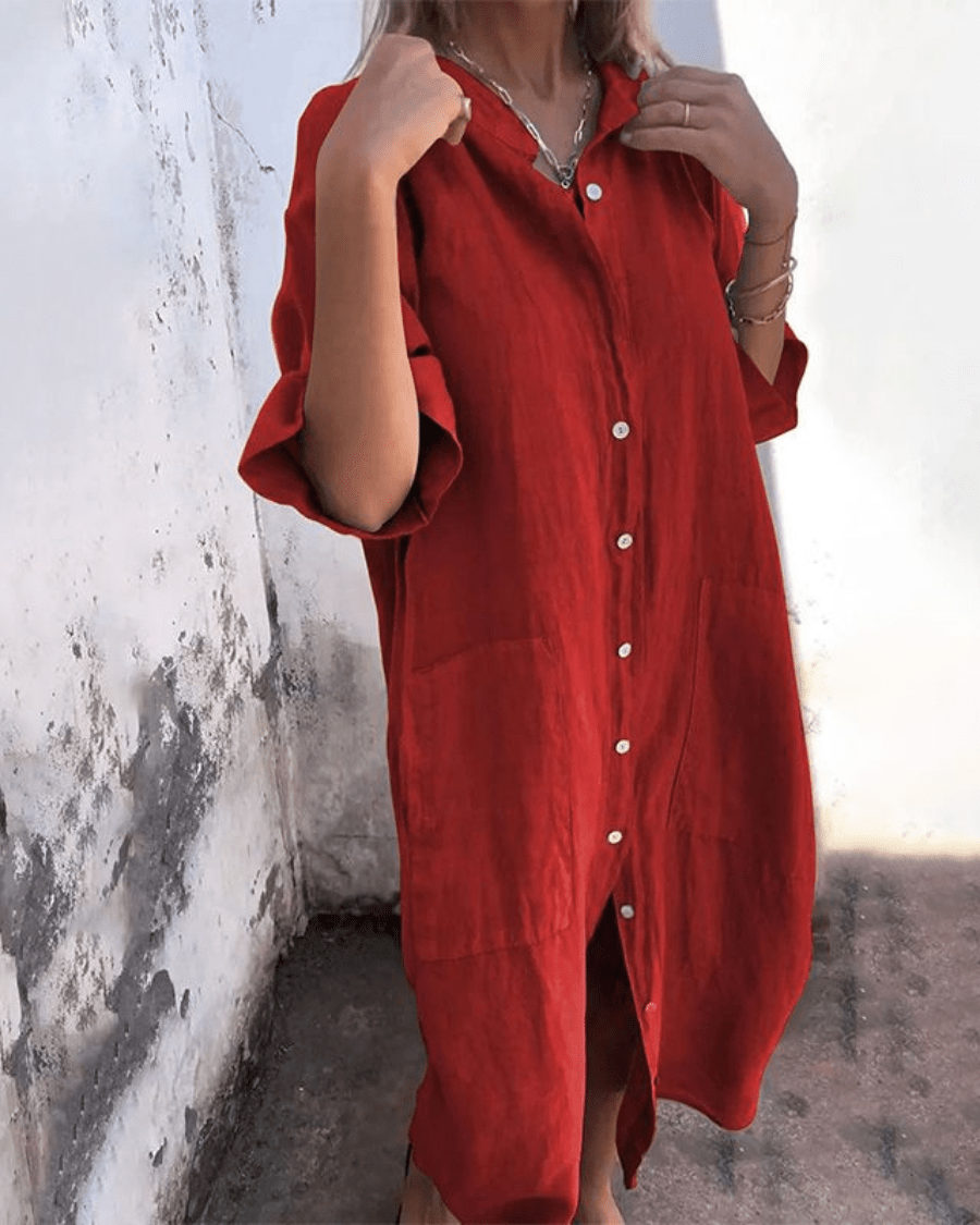 Lightweight Linen Shirt Dress Relaxed Fit Knee Length