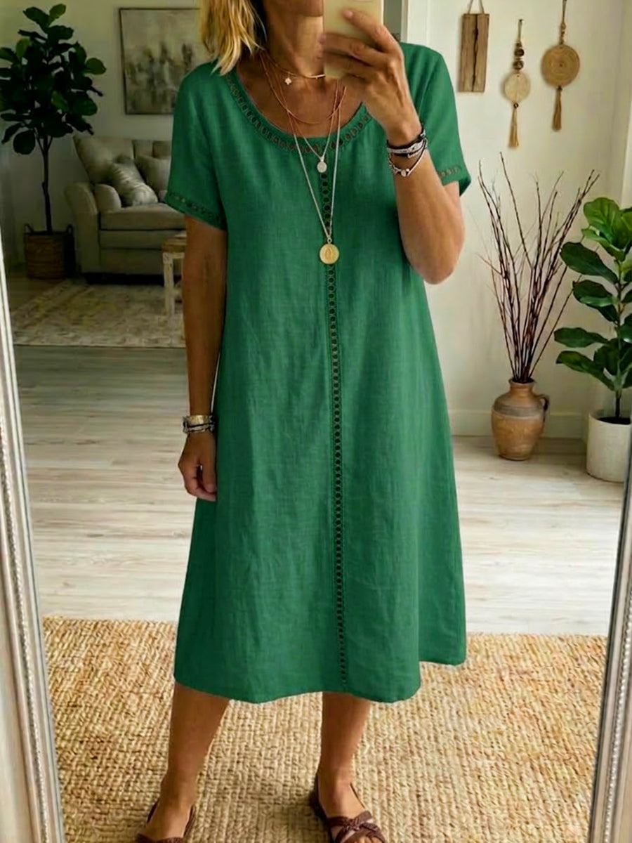 Lightweight Cotton Linen Dress Relaxed Fit Short Sleeve