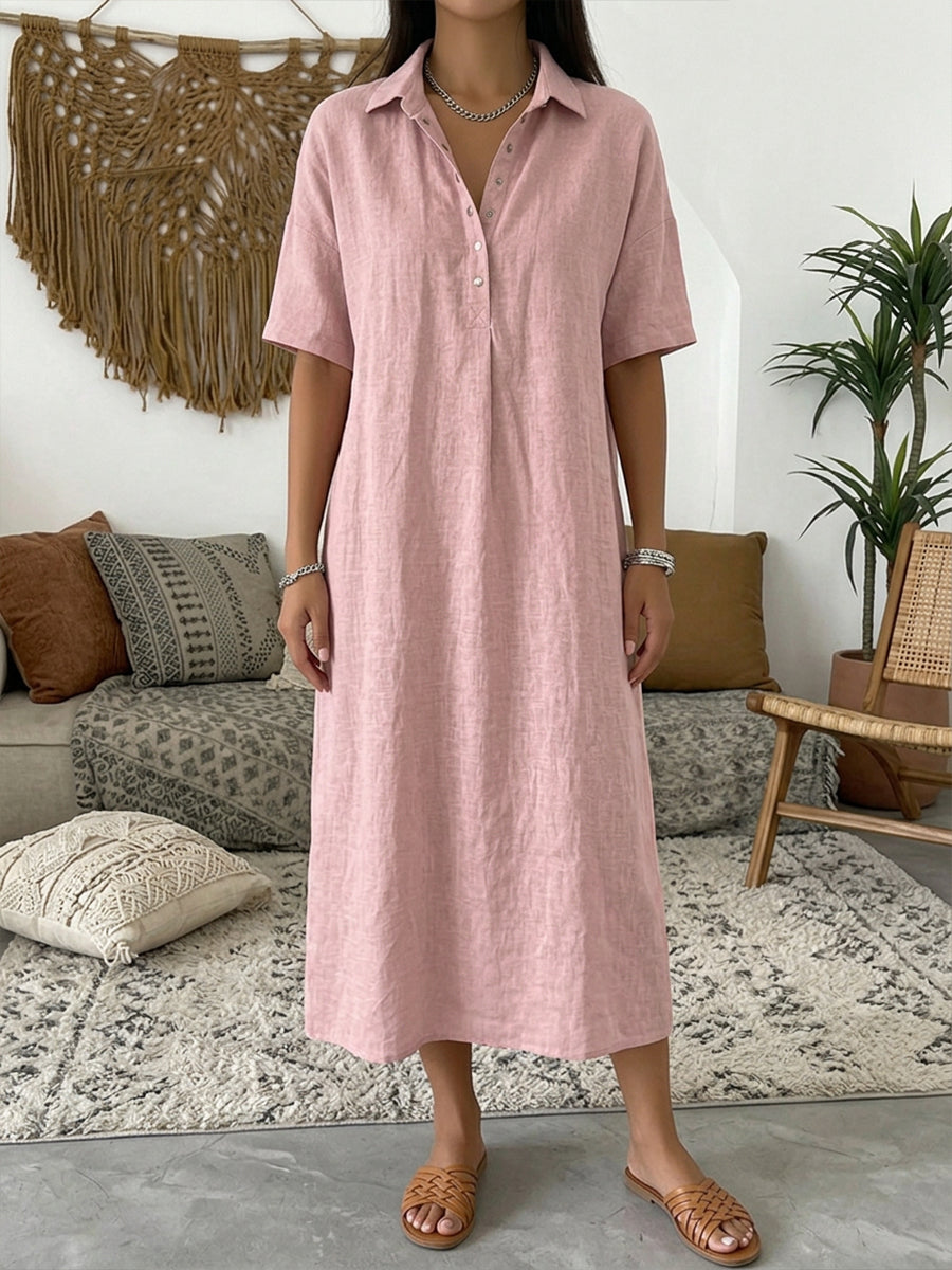 Cotton Linen Polo Dress Relaxed Fit Soft Pink