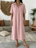 Cotton Linen Polo Dress Relaxed Fit Soft Pink