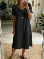 Lightweight Cotton Linen Dress Relaxed Fit Short Sleeve