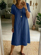 Lightweight Cotton Linen Dress Relaxed Fit Short Sleeve
