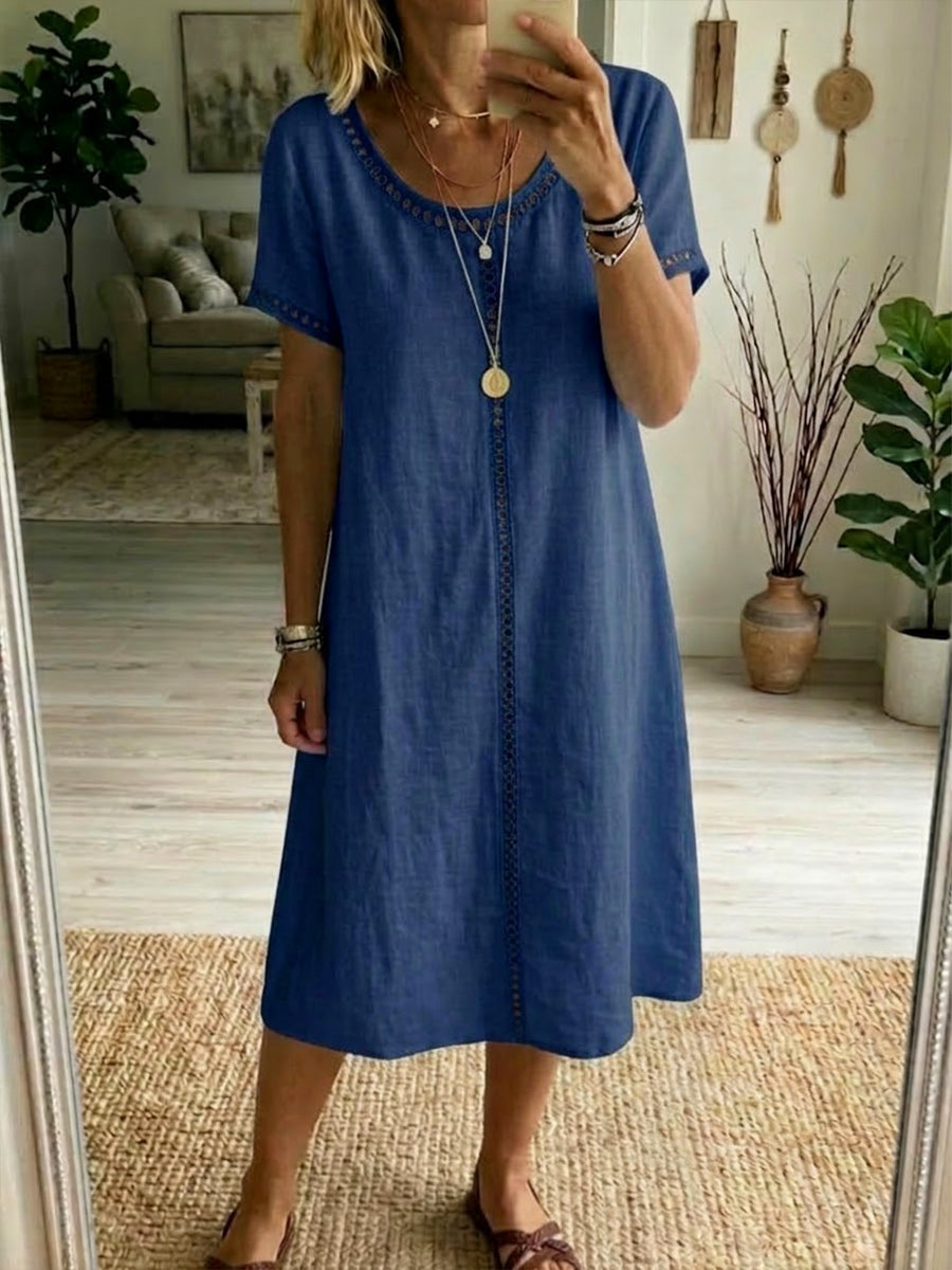 Lightweight Cotton Linen Dress Relaxed Fit Short Sleeve