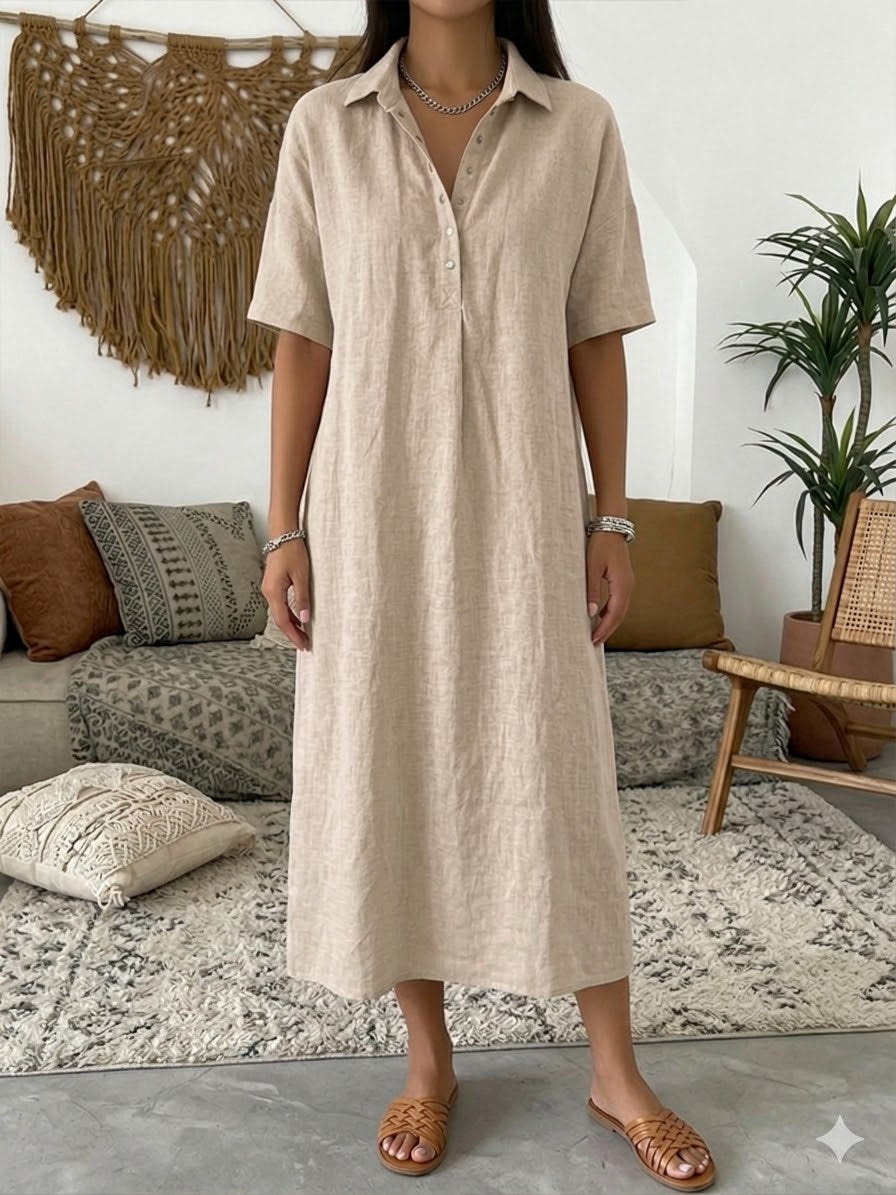 Cotton Linen Polo Dress Relaxed Fit Soft Pink