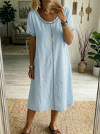 Lightweight Cotton Linen Dress Relaxed Fit Short Sleeve