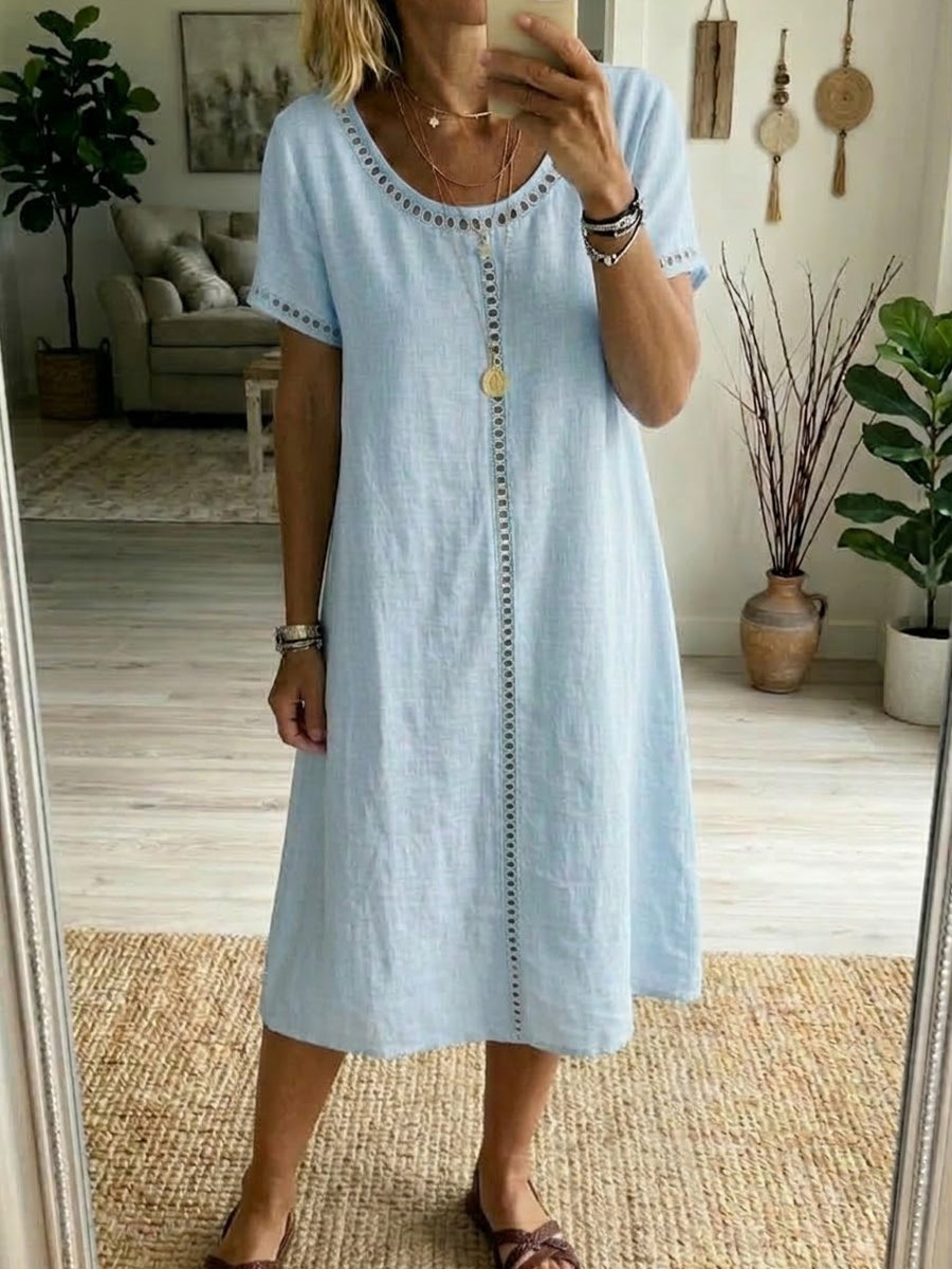 Lightweight Cotton Linen Dress Relaxed Fit Short Sleeve