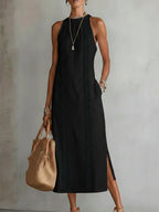 Sleeveless Midi Dress High Collar Elegant