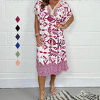 Printed A Line Dress V Neck Drawstring Waist