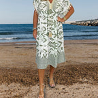 Printed A Line Dress V Neck Drawstring Waist