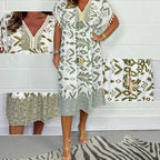 Printed A Line Dress V Neck Drawstring Waist